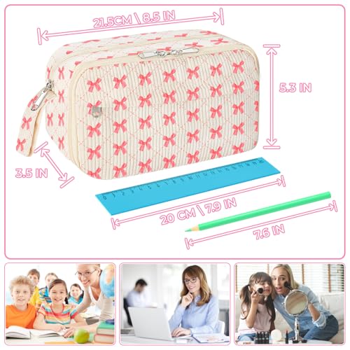 WOBAGMEN Cute Pencil Case for Girls,Large Corduroy Zippered Pencil Case Pouch, aesthetic Pencil Bag with Compartments, Soft Pencil Pouch School Supplies for Teen Girls Boys and Women(pink bow) - Image 2