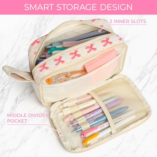 WOBAGMEN Cute Pencil Case for Girls,Large Corduroy Zippered Pencil Case Pouch, aesthetic Pencil Bag with Compartments, Soft Pencil Pouch School Supplies for Teen Girls Boys and Women(pink bow) - Image 3