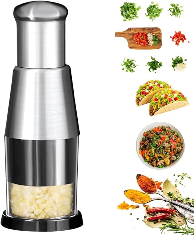 Suicune Garlic Chopper Stainless Steel 304 Manual Pressed Chopper Garlic Mincer for Ginger Chili Black Pepper Onion Salad Handheld Push Type Garlic Crusher - Image 1