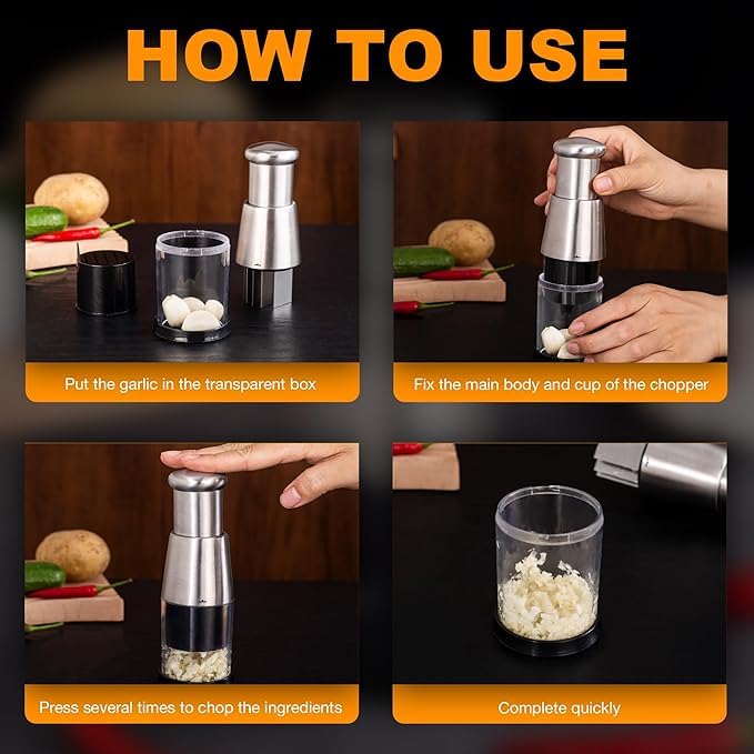 Suicune Garlic Chopper Stainless Steel 304 Manual Pressed Chopper Garlic Mincer for Ginger Chili Black Pepper Onion Salad Handheld Push Type Garlic Crusher - Image 5