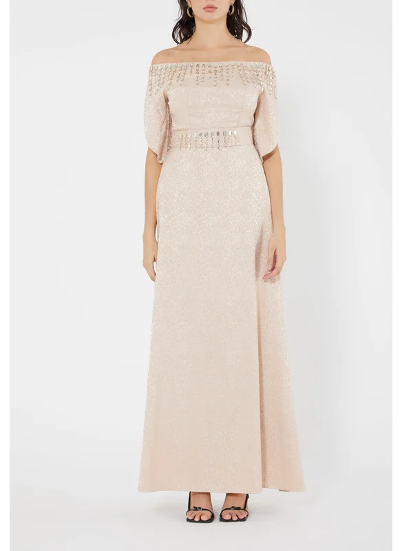 Amri Stunning Fit And Flare Long Embroidered Dress With Off Shoulder Neckline And Half Sleeves