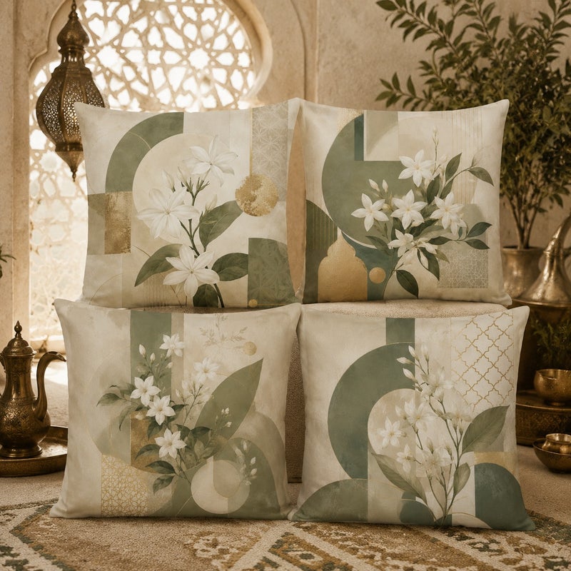 مجموعة 4 قطع غلاف وسادة ديكور مقاس 45×45 سم بنقوش زهرة الياسمين والهندسة الإسلامية لون أخضر ساج محايد تصميم مغربي للكنب والمنزل - Image 2