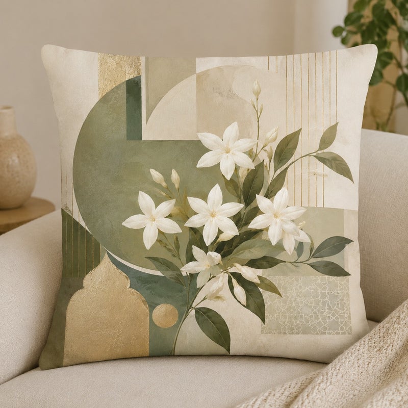 مجموعة 4 قطع غلاف وسادة ديكور مقاس 45×45 سم بنقوش زهرة الياسمين والهندسة الإسلامية لون أخضر ساج محايد تصميم مغربي للكنب والمنزل - Image 5