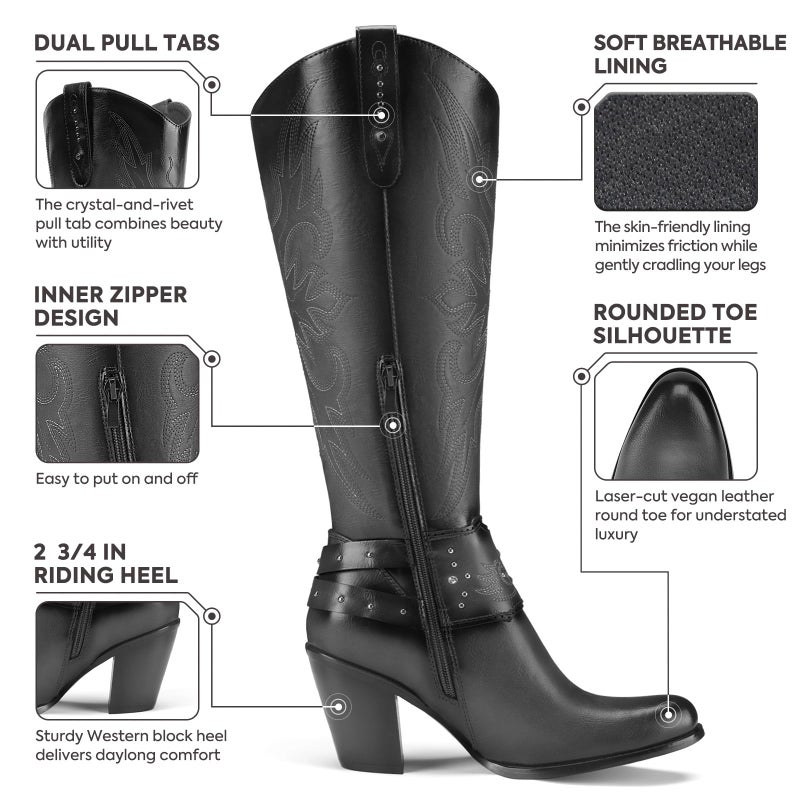 Rollda Cowboy Boots for Women, Cowgirl Boots Knee High, Ladies Tall Western Boots Rounded Toe Chunky Heel Pull on Zipper for Country Concert Party Women Boots Black Size 8 - Image 4