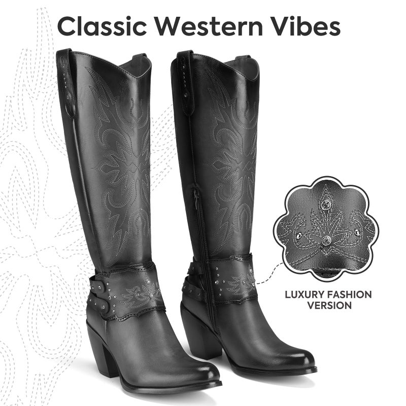 Rollda Cowboy Boots for Women, Cowgirl Boots Knee High, Ladies Tall Western Boots Rounded Toe Chunky Heel Pull on Zipper for Country Concert Party Women Boots Black Size 8 - Image 5