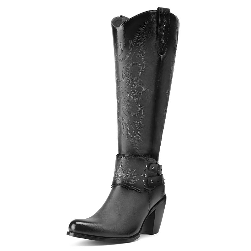 Rollda Cowboy Boots for Women, Cowgirl Boots Knee High, Ladies Tall Western Boots Rounded Toe Chunky Heel Pull on Zipper for Country Concert Party Women Boots Black Size 8 - Image 1
