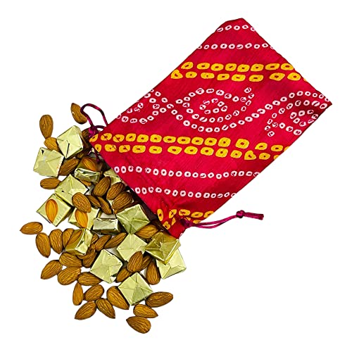 Krisah Pack of 50 pcs Potli Gift Pouches Bags, Small Size,18 cm X 12 cm, Bandhej Print, Magenta - Image 5