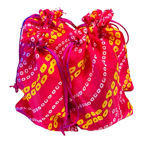Krisah Pack of 50 pcs Potli Gift Pouches Bags, Small Size,18 cm X 12 cm, Bandhej Print, Magenta - Image 1