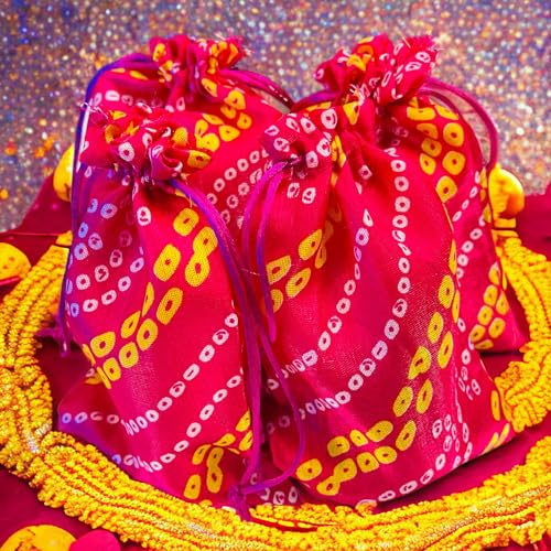Krisah Pack of 50 pcs Potli Gift Pouches Bags, Small Size,18 cm X 12 cm, Bandhej Print, Magenta - Image 2
