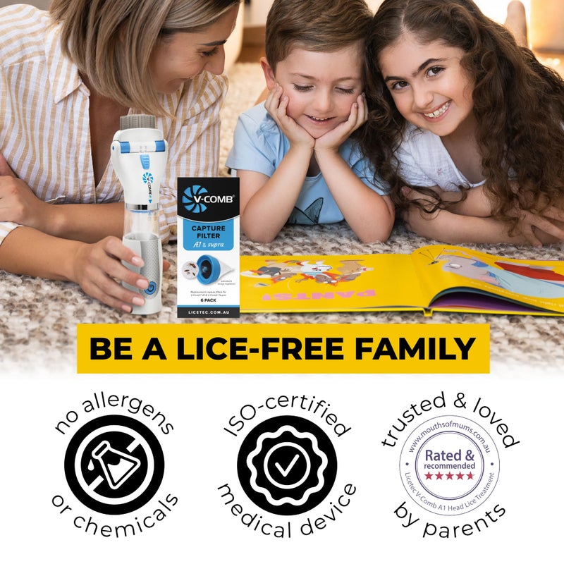 V-Comb A1 Rechargeable Chemical-Free Lice Removal Electric Comb, Pack of Refill Filters, Natural Head Lice Solution for Children & Adults, Electric Lice Vacuum Comb, for All Hair Types, Gentle Lice Care - Image 5