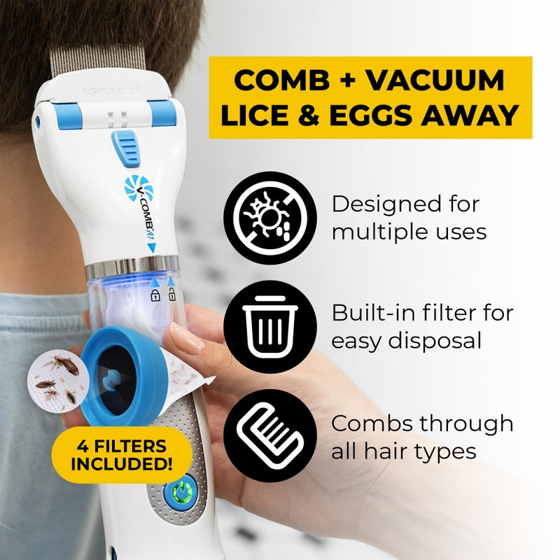 V-Comb A1 Rechargeable Chemical-Free Lice Removal Electric Comb, Pack of Refill Filters, Natural Head Lice Solution for Children & Adults, Electric Lice Vacuum Comb, for All Hair Types, Gentle Lice Care - Image 2