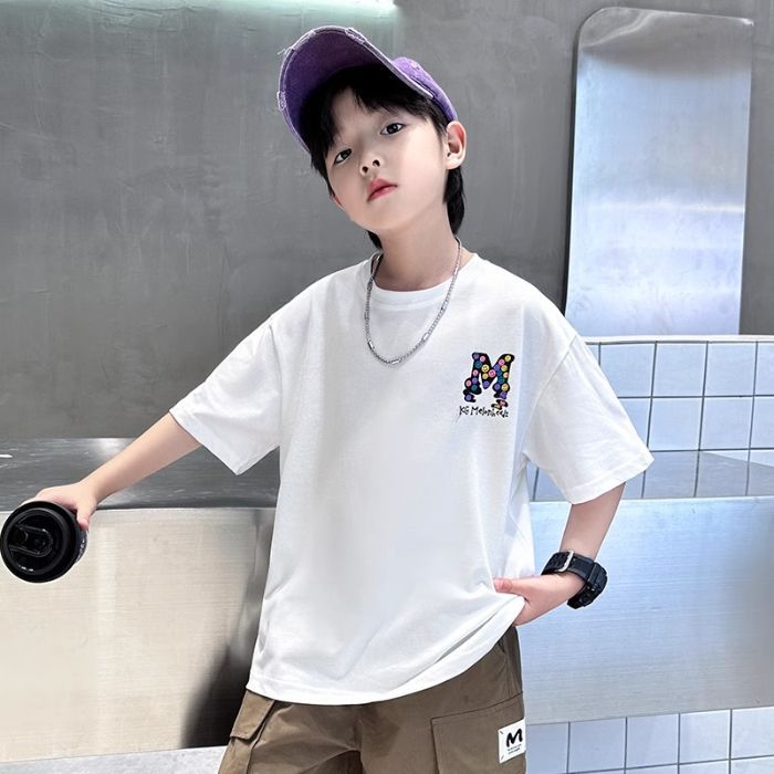 Boys' Short-Sleeved Handsome Niche T-Shirt New Summer Children'S Summer Pure Cotton Boys Internet Celebrated T-Shirt Trendy Cool Top - Image 1
