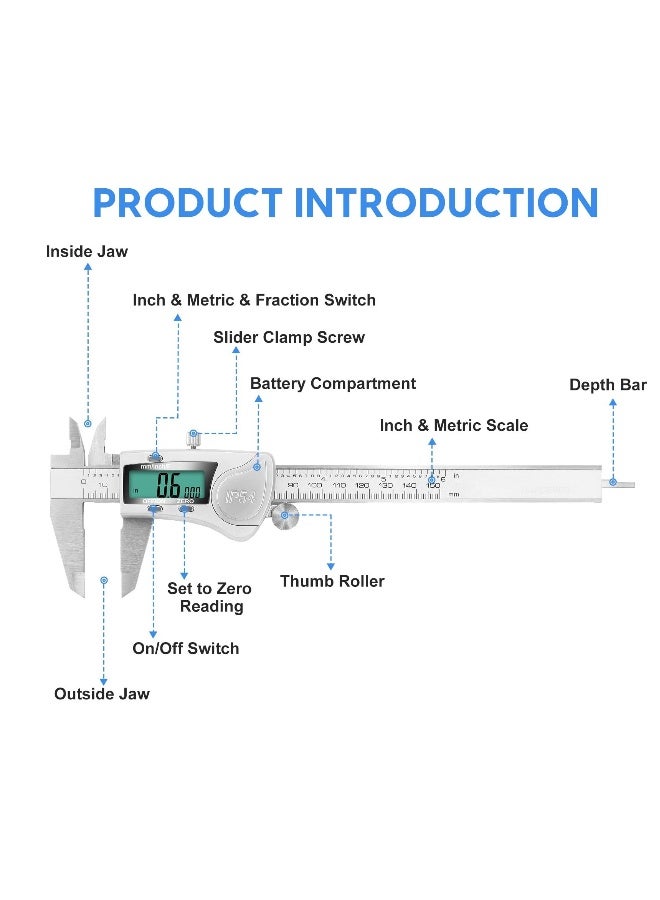 Digital Caliper Calipers 6 Inch Measuring Tool with Stainless Steel IP54 Splash Proof Protection Design Easy Switch from Inch to Millimeter Large Screen  - Image 4