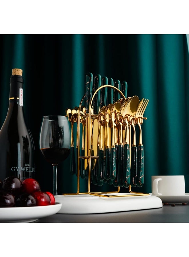 24-Piece Gilded Stainless Steel Flatware Set,Kitchen Utensil Tableware Cutlery Set Service for 6, Steak Cutlery Set for Home and Restaurant (Dark Green) - Image 4