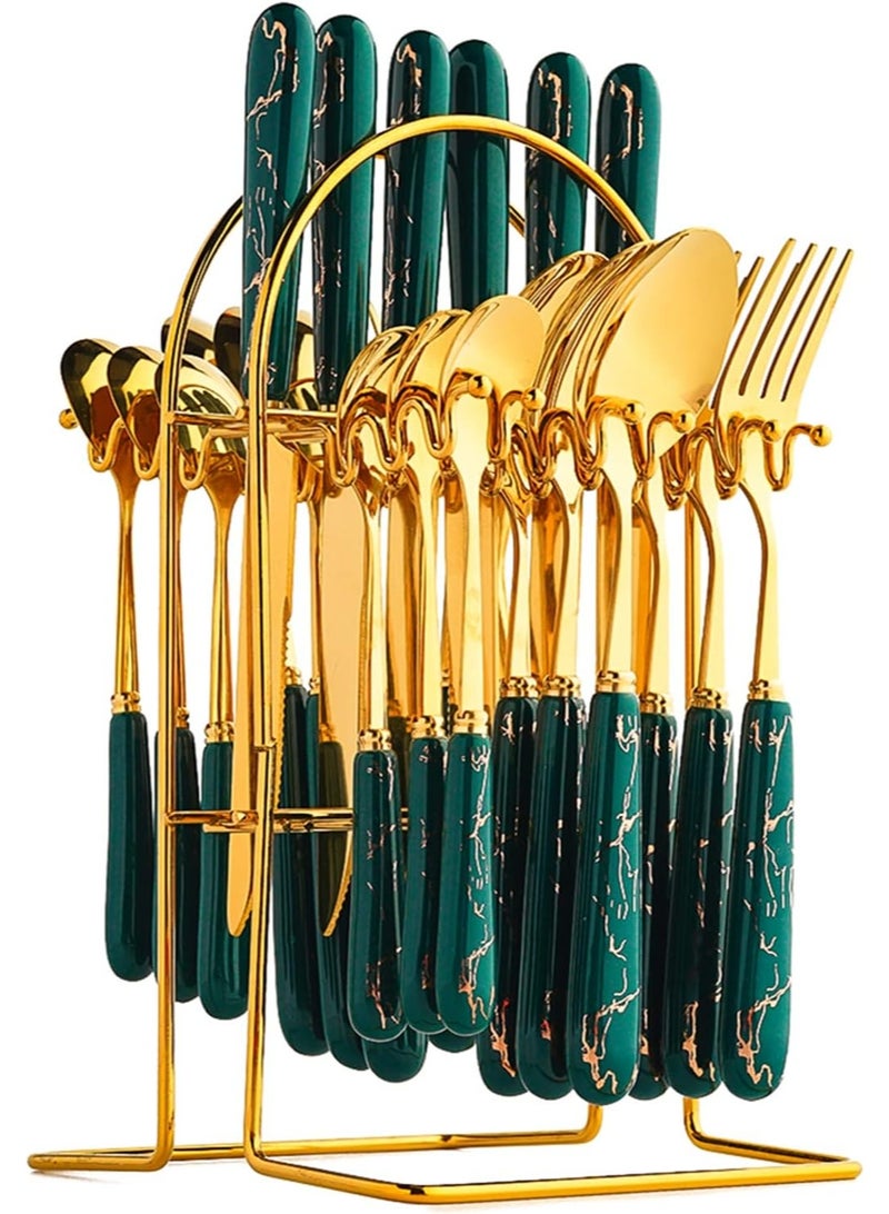 24-Piece Gilded Stainless Steel Flatware Set,Kitchen Utensil Tableware Cutlery Set Service for 6, Steak Cutlery Set for Home and Restaurant (Dark Green) - Image 1