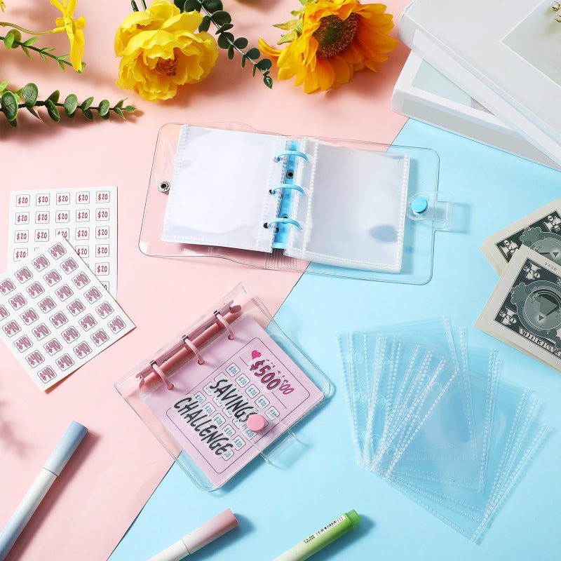 Noveread 2 Pcs Mini Money Savings Binder Saving Challenge Binder Money Book Saver with Cash Envelopes Reusable Budget Book (1000 Dollar,500 Dollar,Pink and Blue) - Image 2