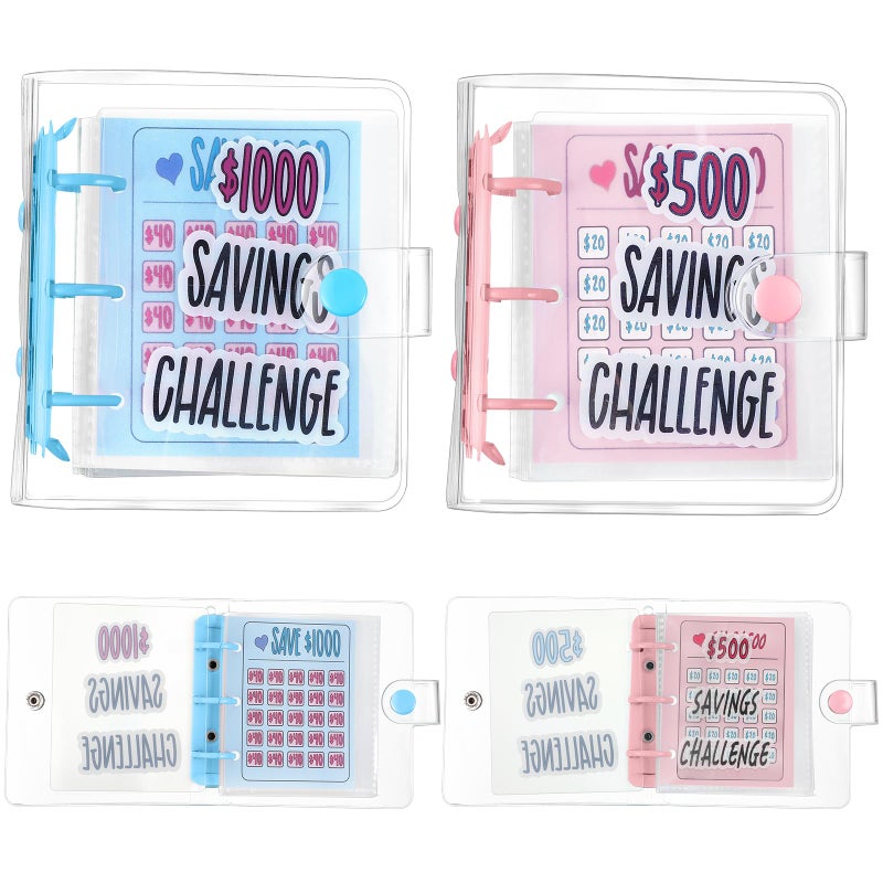 Noveread 2 Pcs Mini Money Savings Binder Saving Challenge Binder Money Book Saver with Cash Envelopes Reusable Budget Book (1000 Dollar,500 Dollar,Pink and Blue) - Image 1