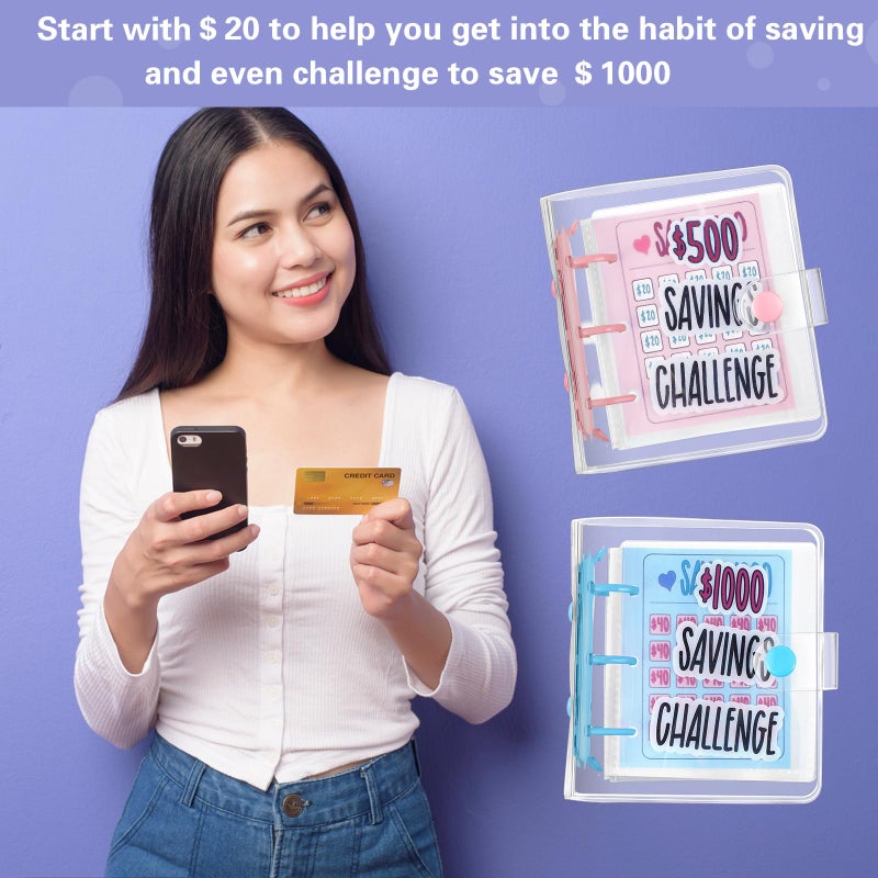 Noveread 2 Pcs Mini Money Savings Binder Saving Challenge Binder Money Book Saver with Cash Envelopes Reusable Budget Book (1000 Dollar,500 Dollar,Pink and Blue) - Image 5