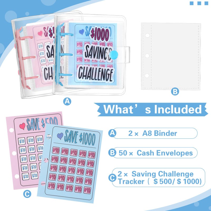 Noveread 2 Pcs Mini Money Savings Binder Saving Challenge Binder Money Book Saver with Cash Envelopes Reusable Budget Book (1000 Dollar,500 Dollar,Pink and Blue) - Image 4
