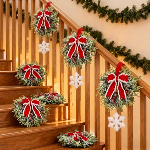 Hausse 6 Pcs Christmas Wreath 12 Christmas Mini Wreaths for Cabinets with Red Bows Artificial Small Xmas Wreaths Hanging Decoration Garlands for Kitchen Window Farmhouse Chair Wall Front Door - Image 3