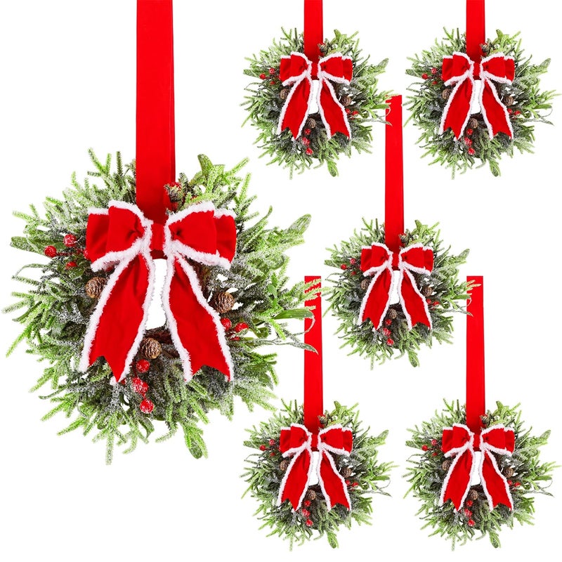 Hausse 6 Pcs Christmas Wreath 12 Christmas Mini Wreaths for Cabinets with Red Bows Artificial Small Xmas Wreaths Hanging Decoration Garlands for Kitchen Window Farmhouse Chair Wall Front Door - Image 2