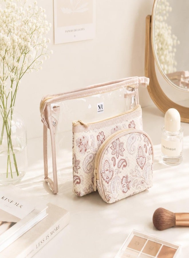 NFI essentials 3 Pcs. Cosmetic Pouch Makeup Pouch Vanity Bag Travel Organizer Toiletry Pouch for Women Zippered Pouch Set, Large, Medium, Small Makeup Bag (Khaki) - Image 3