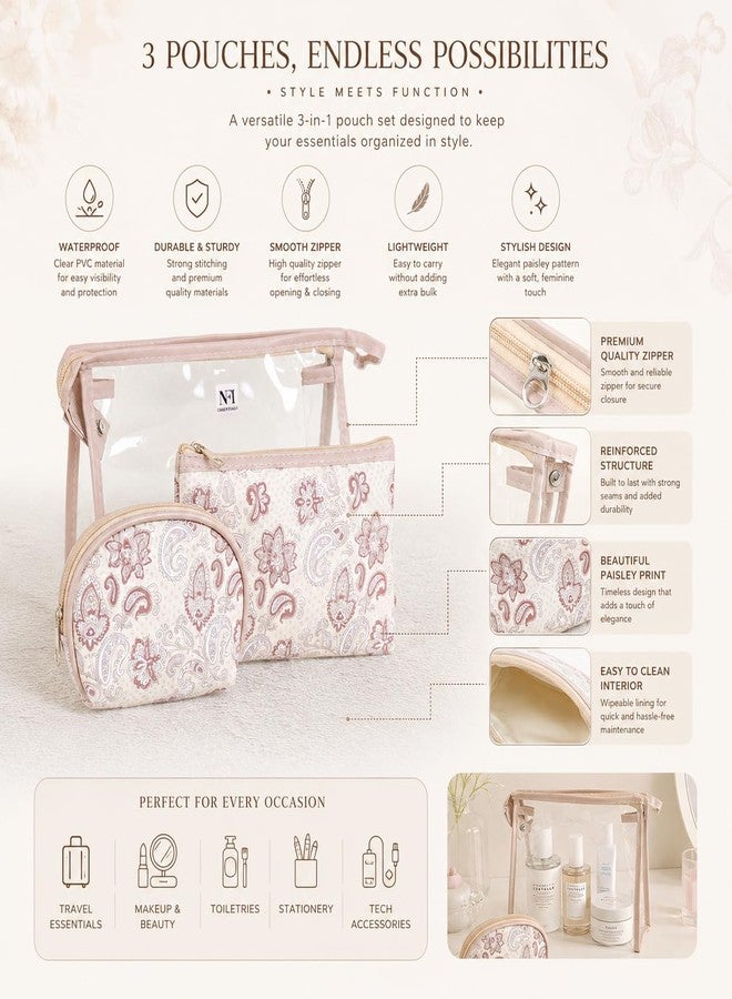 NFI essentials 3 Pcs. Cosmetic Pouch Makeup Pouch Vanity Bag Travel Organizer Toiletry Pouch for Women Zippered Pouch Set, Large, Medium, Small Makeup Bag (Khaki) - Image 5