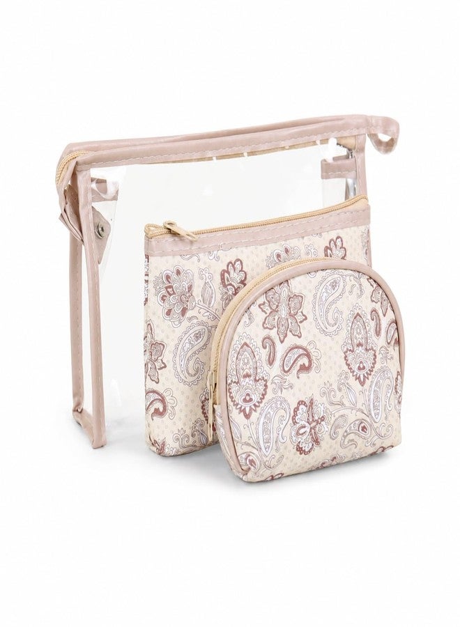 NFI essentials 3 Pcs. Cosmetic Pouch Makeup Pouch Vanity Bag Travel Organizer Toiletry Pouch for Women Zippered Pouch Set, Large, Medium, Small Makeup Bag (Khaki) - Image 1