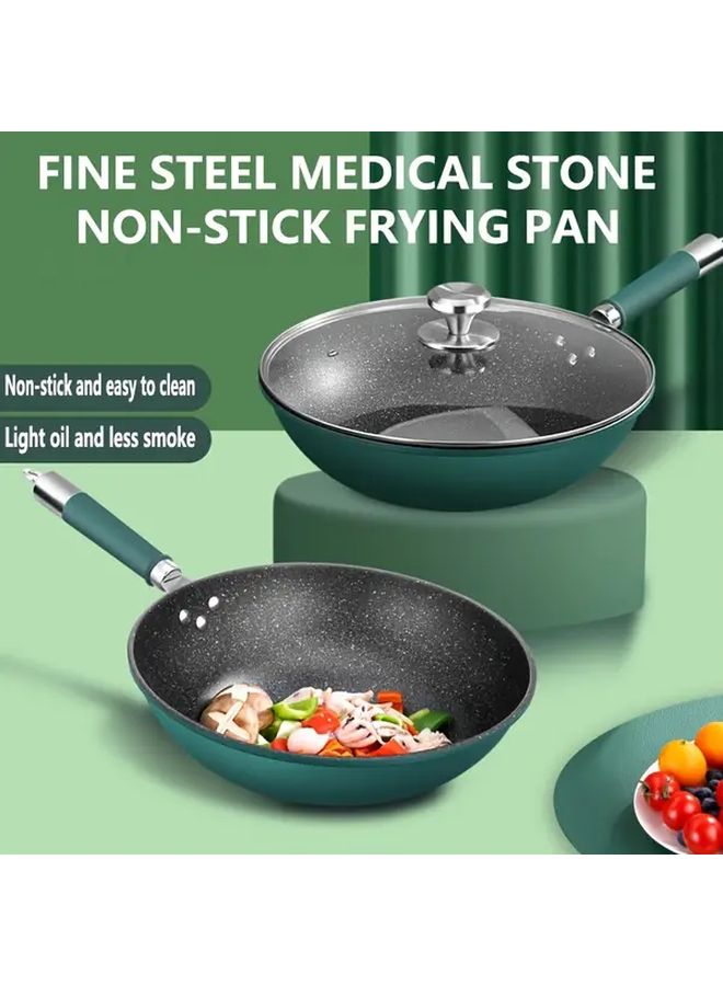 Green Cast Iron Skillet 32cm with Lid Non Stick Frying Pan for Gas and Induction Cooker - Image 1