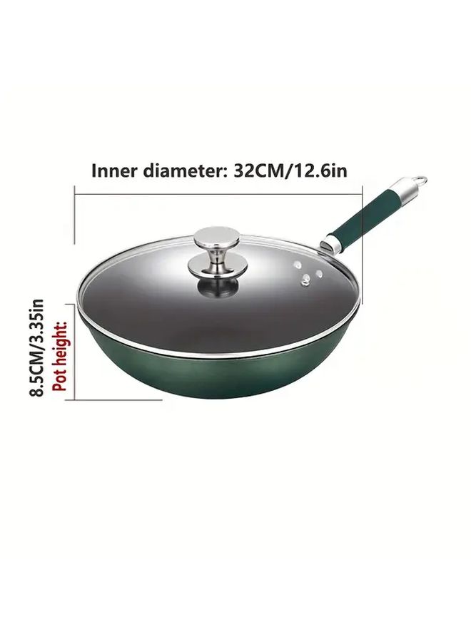 Green Cast Iron Skillet 32cm with Lid Non Stick Frying Pan for Gas and Induction Cooker - Image 3