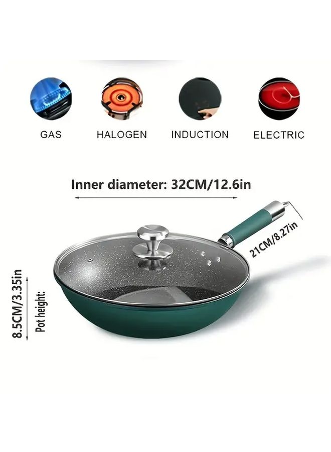 Green Cast Iron Skillet 32cm with Lid Non Stick Frying Pan for Gas and Induction Cooker - Image 4