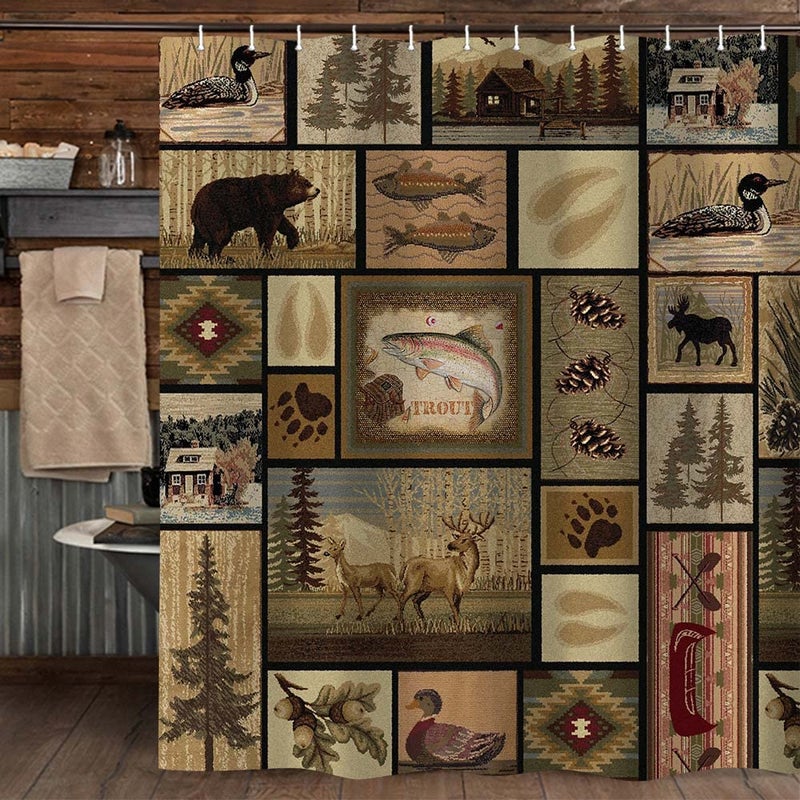 Hajmsug Rustic Lodge Shower Curtain, Cabin Retro Bear Moose Lodge Vintage Farmhouse Shower Curtain Sets, Wild Duck Leaves Mountain Hill Retro Decor Barhroom Curtain with Hooks, 69''X70'' - Image 2