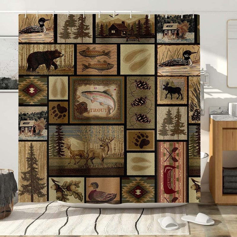 Hajmsug Rustic Lodge Shower Curtain, Cabin Retro Bear Moose Lodge Vintage Farmhouse Shower Curtain Sets, Wild Duck Leaves Mountain Hill Retro Decor Barhroom Curtain with Hooks, 69''X70'' - Image 1