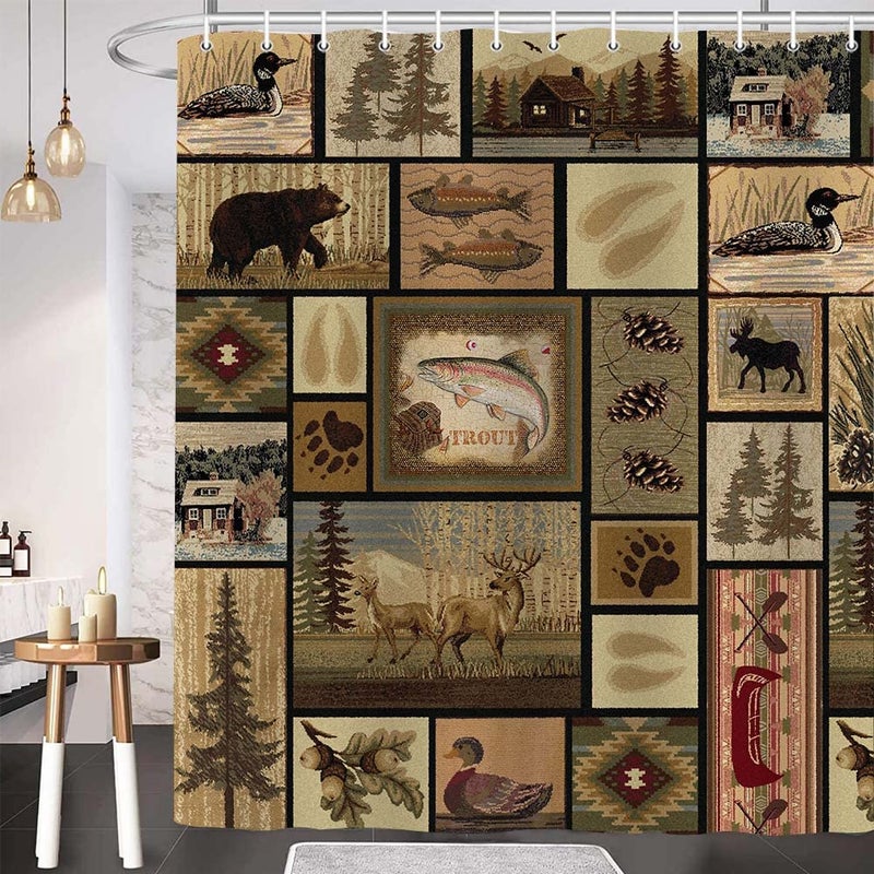 Hajmsug Rustic Lodge Shower Curtain, Cabin Retro Bear Moose Lodge Vintage Farmhouse Shower Curtain Sets, Wild Duck Leaves Mountain Hill Retro Decor Barhroom Curtain with Hooks, 69''X70'' - Image 3