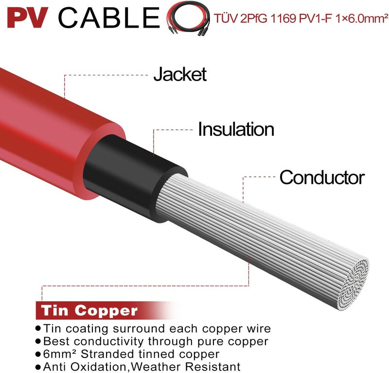 BeideLt Solar Panel Extension Cable,10AWG(6mm²) Solar Extension Cable Wire with 1 Pair 10 Feet Black + 10 Feet Red Weatherproof Tinned Copper Extension Cable Wire Adapter Kit - Image 2