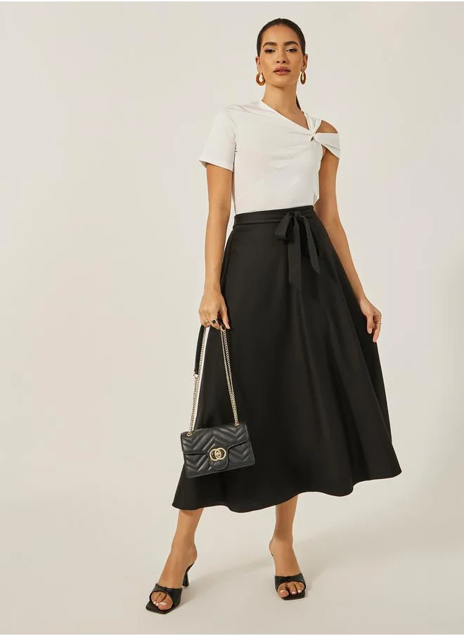 ستايلي High Rise A-Line Midi Skirt with Tie-Up Belt Detail