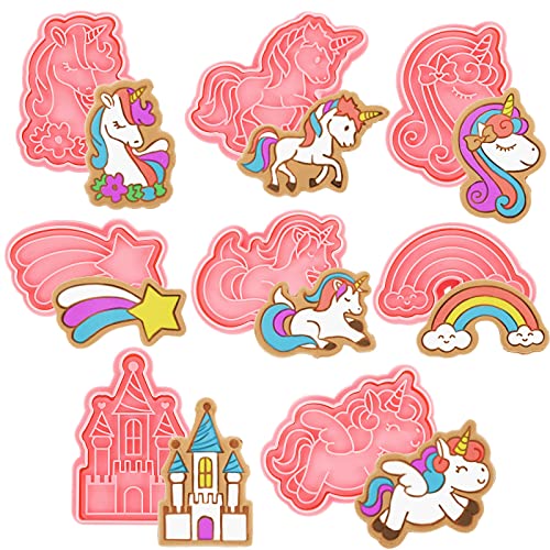 Suclain 8 Pcs Unicorn Cookie Cutters with Plunger Stamps Set Rainbow Cookie Cutters Unicorn Cracker Mold Pink Cookie Stamped Embossed Kitchen Bakeware Tool for Biscuit Fondant Party Supply - Image 1