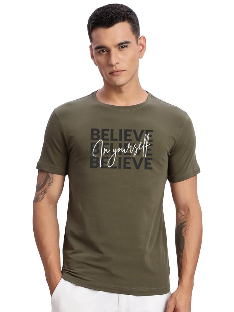 ADRO Men's Olive Motivational Printed T-Shirt - Believe in Yourself Graphic, Regular Fit, Cotton Lycra Stretch Fabric - Image 1