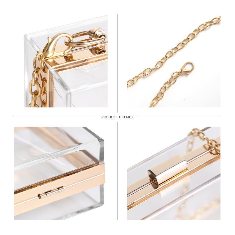 WJCD Women Clear Purse Acrylic Box Clutch Handbag, Small Transparent Crossbody Evening Bag Stadium Approved Gold Chain Strap (Gold) - Image 3
