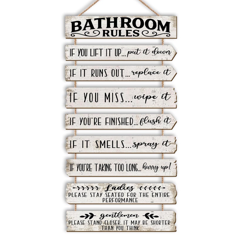 PEKCARGO Bathroom Wall Decor Funny Bathroom Signs Bathroom Rules Pictures Wall Art Decor Rustic Farmhouse Toilet Decor Wooden Sign (White) - Image 1