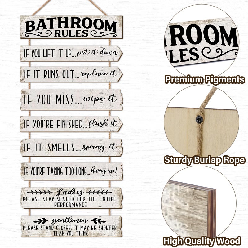 PEKCARGO Bathroom Wall Decor Funny Bathroom Signs Bathroom Rules Pictures Wall Art Decor Rustic Farmhouse Toilet Decor Wooden Sign (White) - Image 3