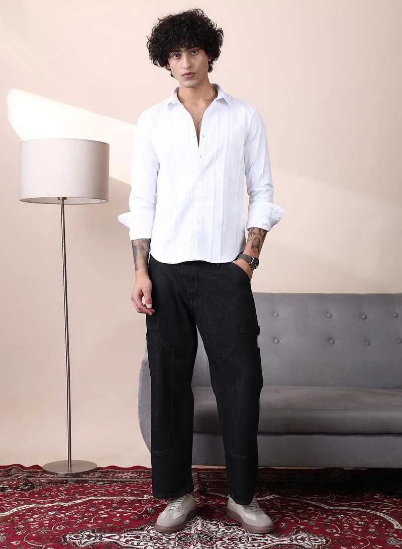 Campus Sutra Blue Men's Dark Blue Patched Straight Denim Jeans For Casual Wear | Mid-Rise | Straight Fit | Button Closure | Denim Jeans Crafted With Comfort Fit For Everyday Wear for Men | Best Price UAE