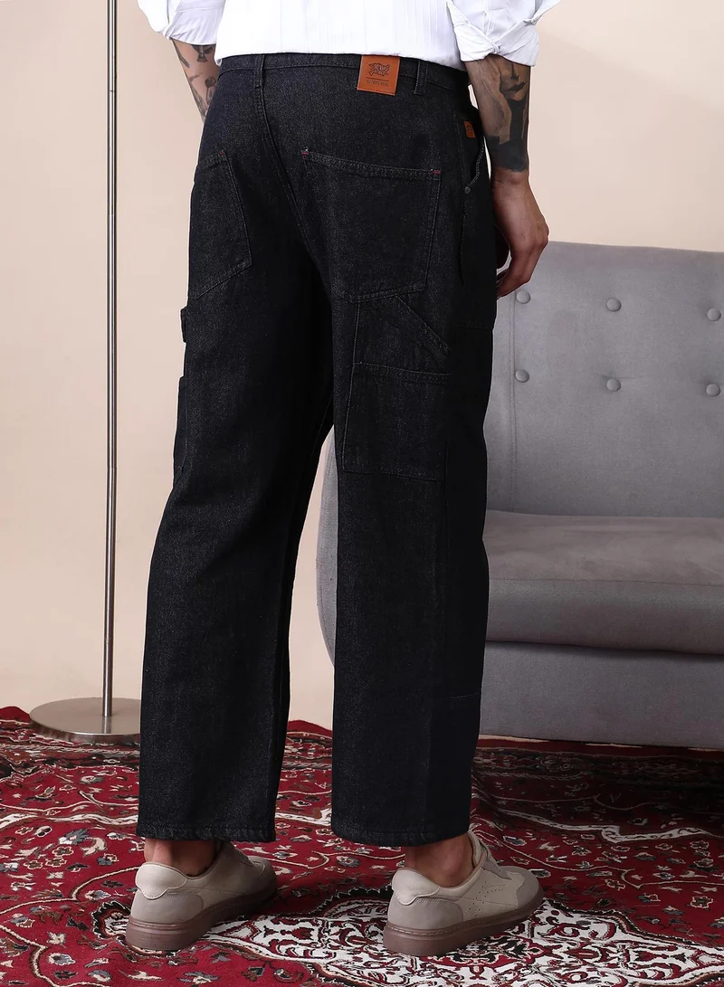 Campus Sutra Blue Men's Dark Blue Patched Straight Denim Jeans For Casual Wear | Mid-Rise | Straight Fit | Button Closure | Denim Jeans Crafted With Comfort Fit For Everyday Wear for Men | Best Price UAE