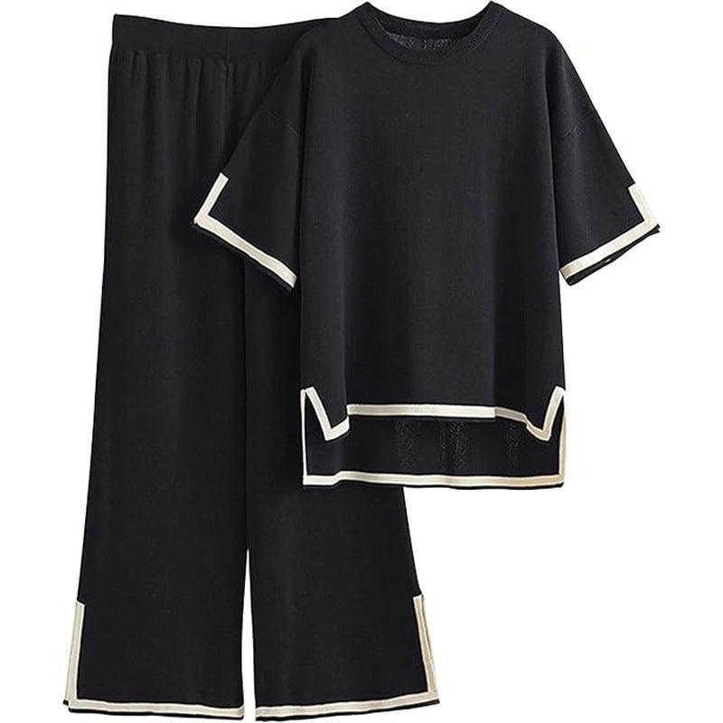 Women's Fashion Two-Piece Set: Color-Block Short Sleeve Top & High-Waist Wide-Leg Pants - Image 1