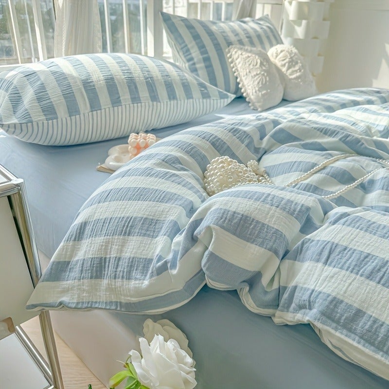 3pcs Full Size Easy Blue Stripe Washed Process Soft Skin-Friendly Duvet Cover Set (1 Duvet Cover + 2 Pillowcases) Modern Stripe Breathable Chemical Fiber Soft Machine Washable All Seasons Available Does Not Include Duvet Insert And Pillow Insert - Image 1
