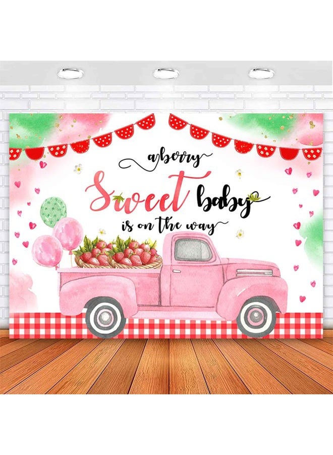 Sensfun 7x5ft Strawberry Baby Shower Backdrop A Berry Sweet Baby is On The Way Party Decorations Pink Strawberry Truck Photography Background for Girls Berry Sweet Baby Shower Banner Photo Booth - Image 1