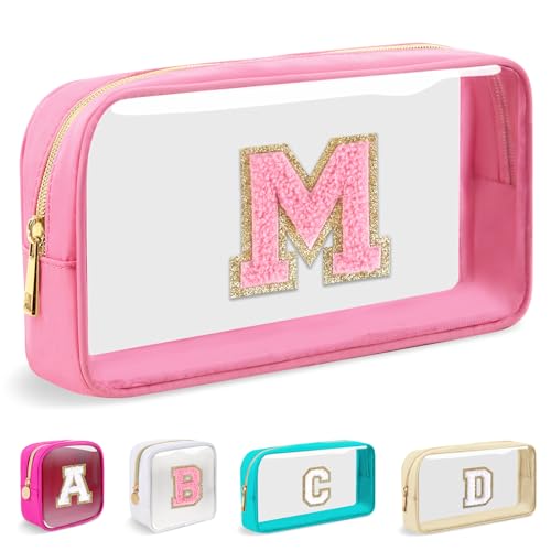 Iqimott Small Clear Personalized Initial Makeup BagNylon Preppy AZ Chenille Letter Patch Cosmetic Pouch Beach Toiletry BagWaterproof Zipper Travel Purse Storage Bag Organizer for Women GirlsPinkPink M - Image 1