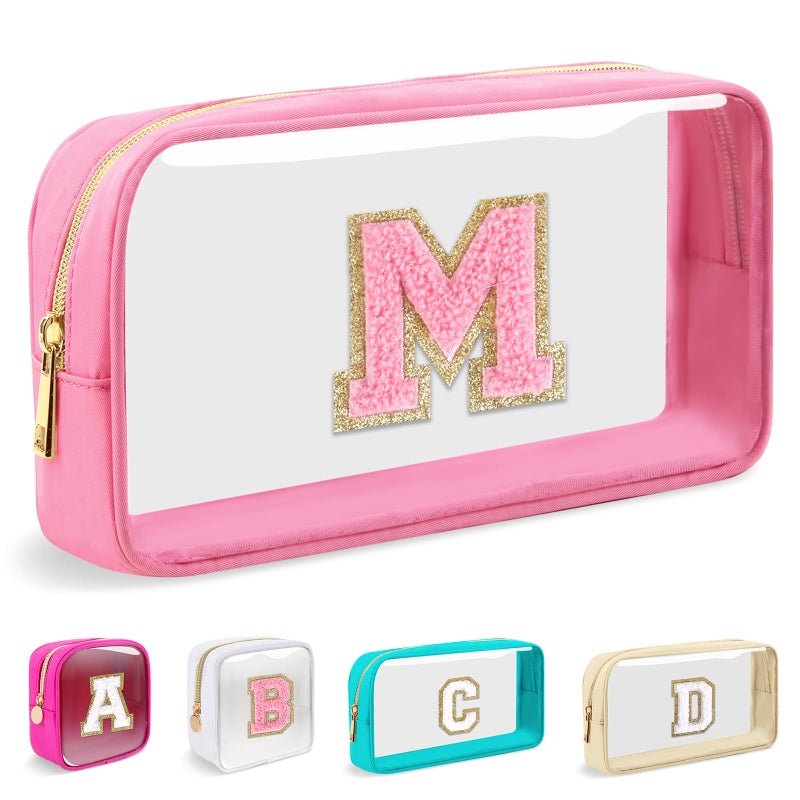 Iqimott Small Clear Personalized Initial Makeup BagNylon Preppy AZ Chenille Letter Patch Cosmetic Pouch Beach Toiletry BagWaterproof Zipper Travel Purse Storage Bag Organizer for Women GirlsPinkPink M - Image 2