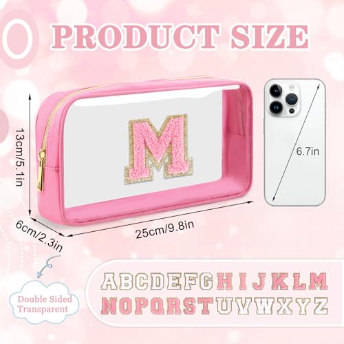 Iqimott Small Clear Personalized Initial Makeup BagNylon Preppy AZ Chenille Letter Patch Cosmetic Pouch Beach Toiletry BagWaterproof Zipper Travel Purse Storage Bag Organizer for Women GirlsPinkPink M - Image 3