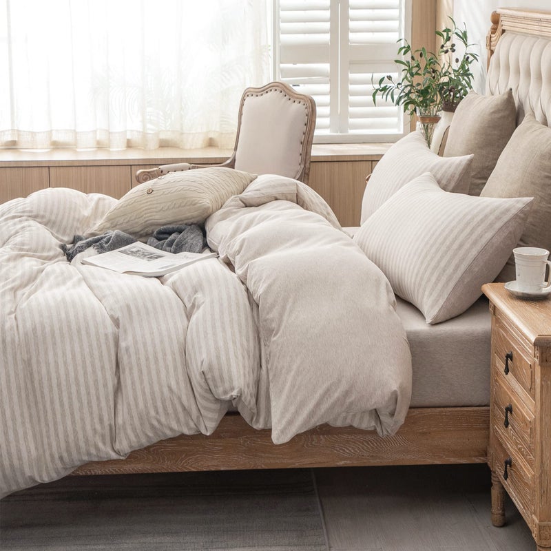 PURE ERA Jersey Knit Duvet Cover Set 100 TShirt Heather Cotton Super Soft Comfy Classic Striped Design with Zipper Closure Heather Beige Stripe Queen